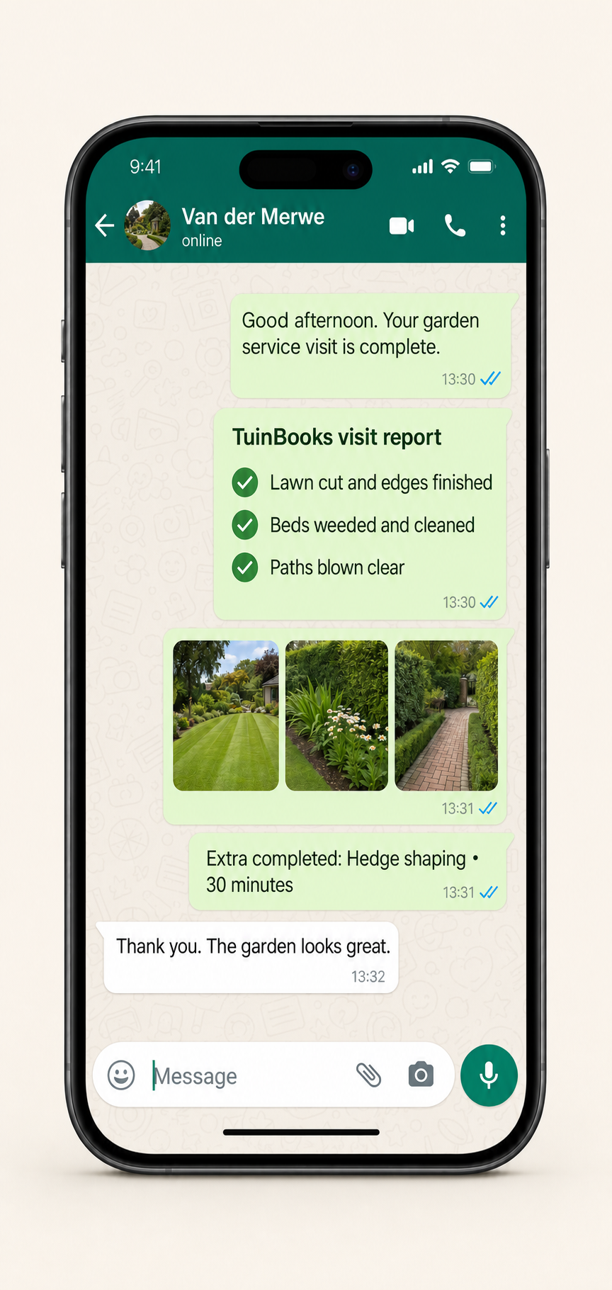 WhatsApp conversation sharing a TuinBooks visit report with a client