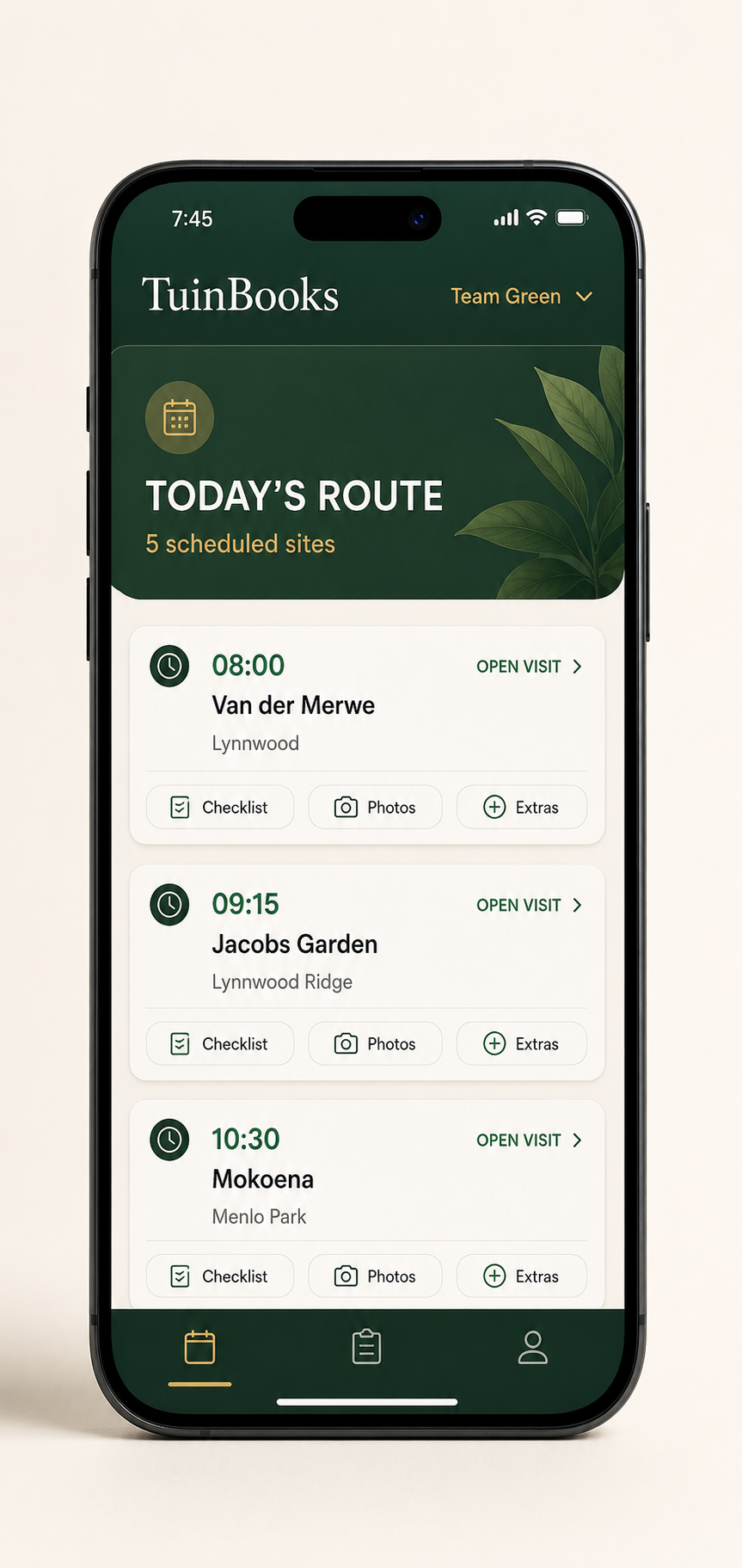 TuinBooks phone showing today's scheduled route