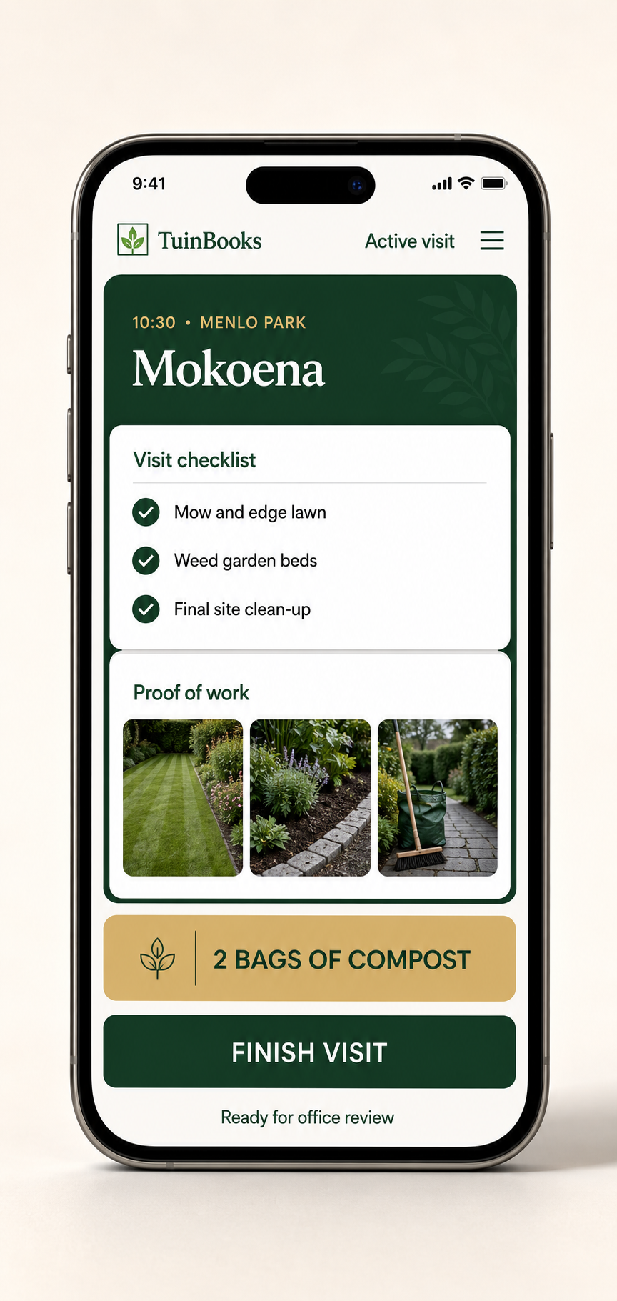 TuinBooks phone showing a completed visit with checklist, photos and extra materials